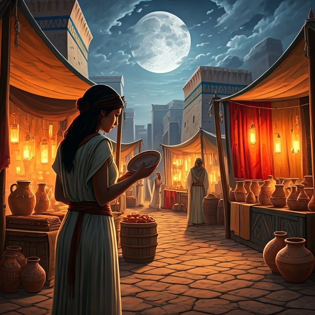 Woman in Ancient Market Evaluates Ceramic Dish