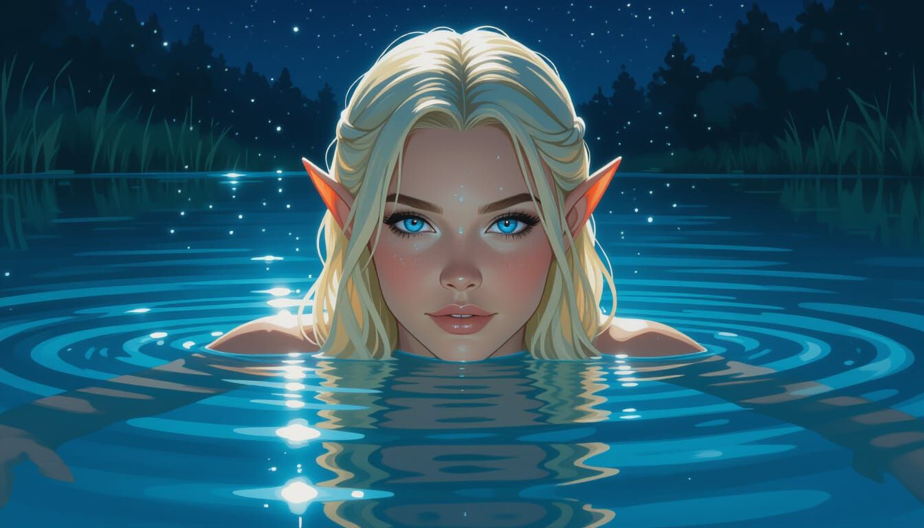 Elf Woman Swimming in Lake at Night