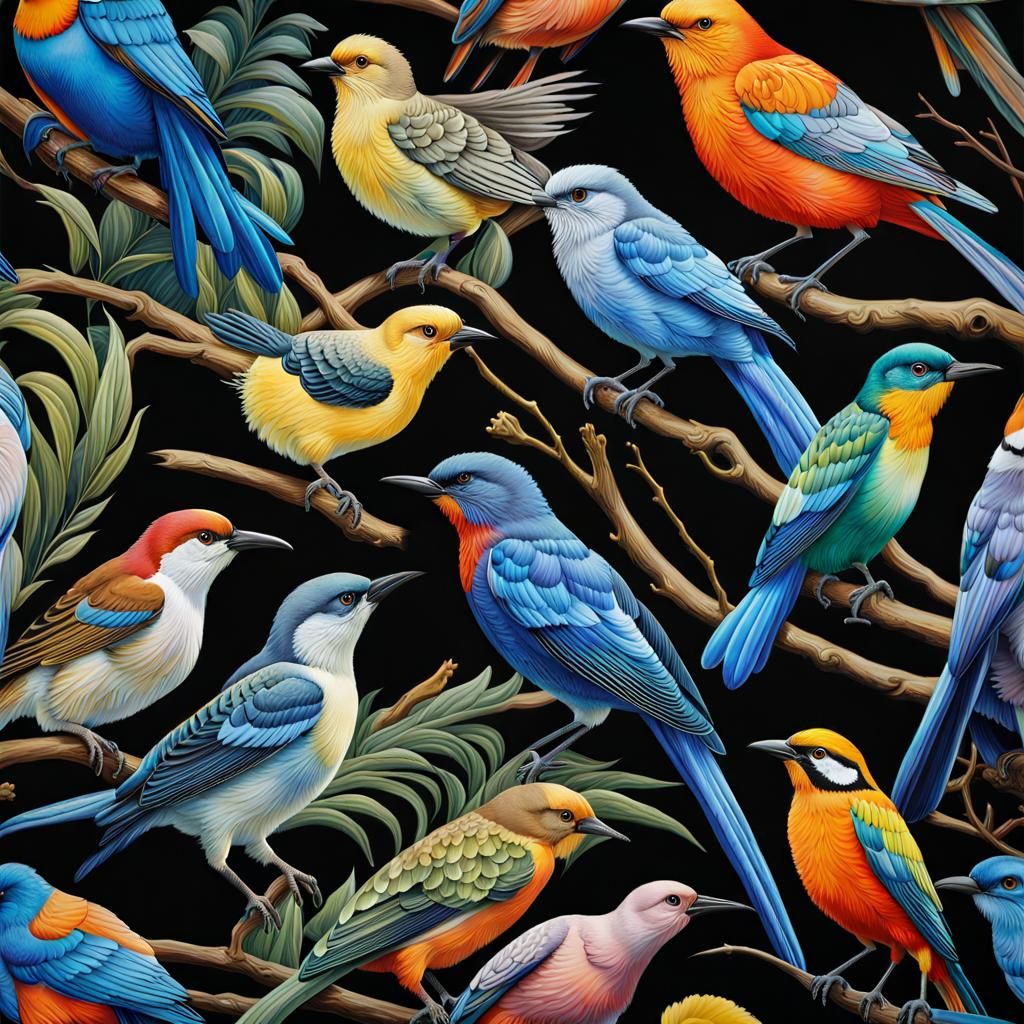 Enchanted Avian Gathering in Magic Realism Style