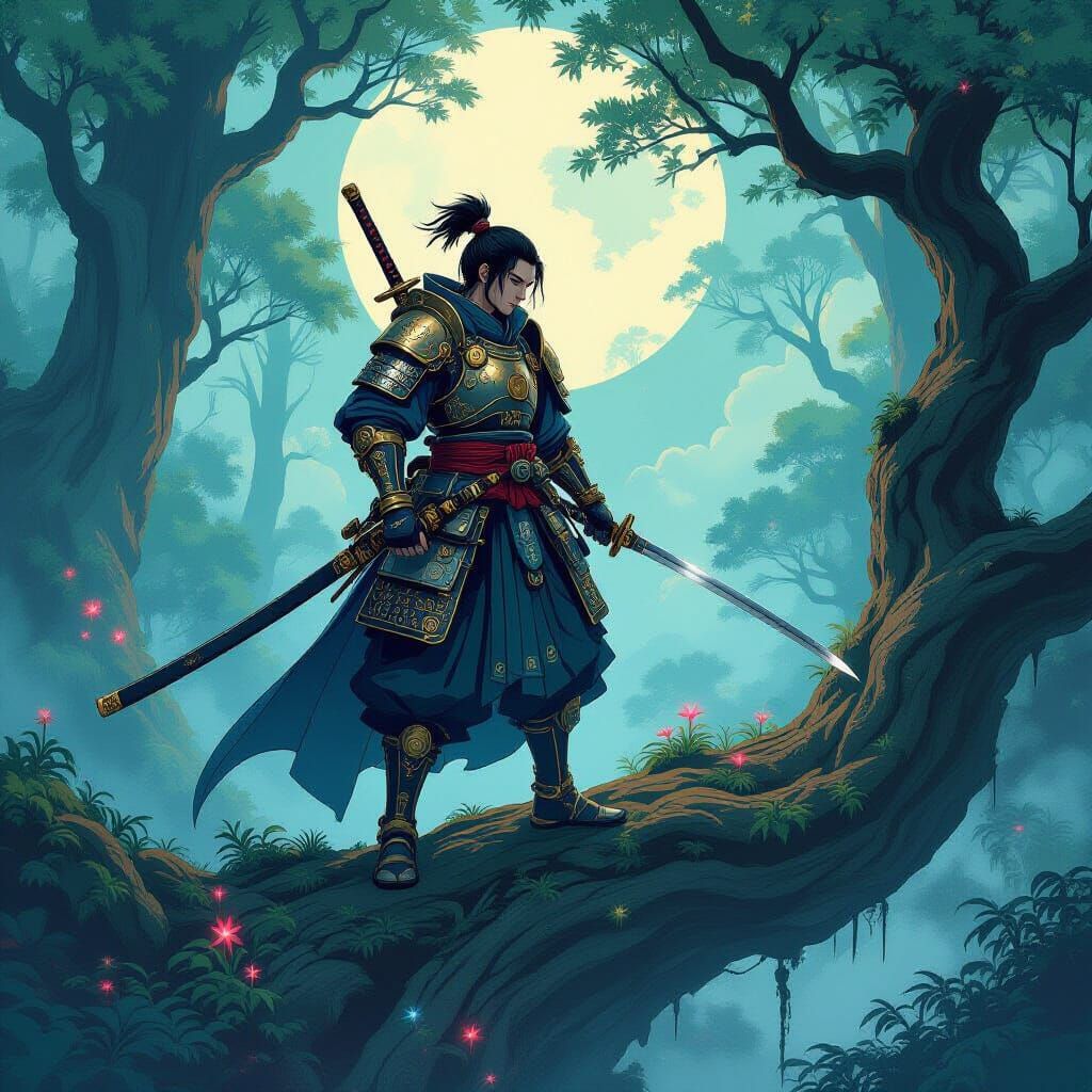 Steampunk Samurai in Mystical Forest, Ink Wash Style