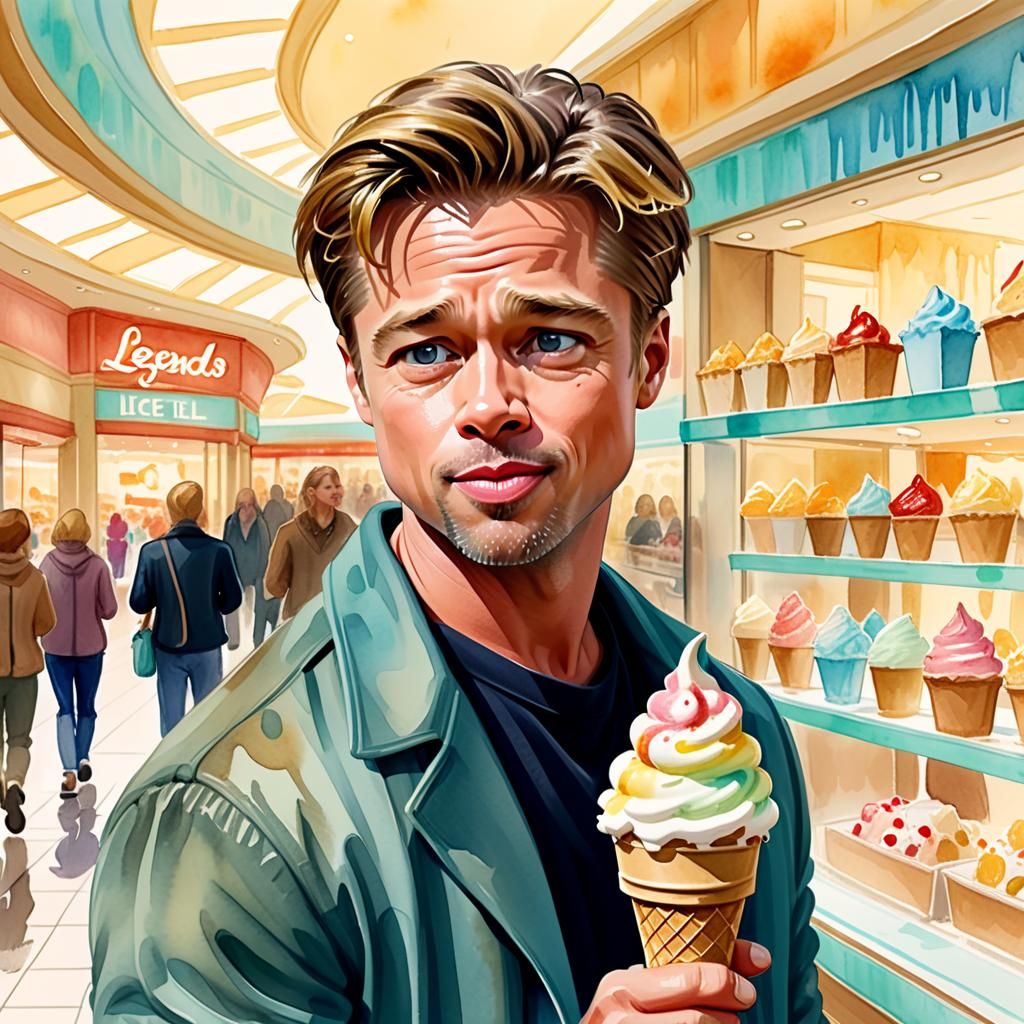 Cartoon Brad Pitt Eats Ice Cream: Watercolor Style