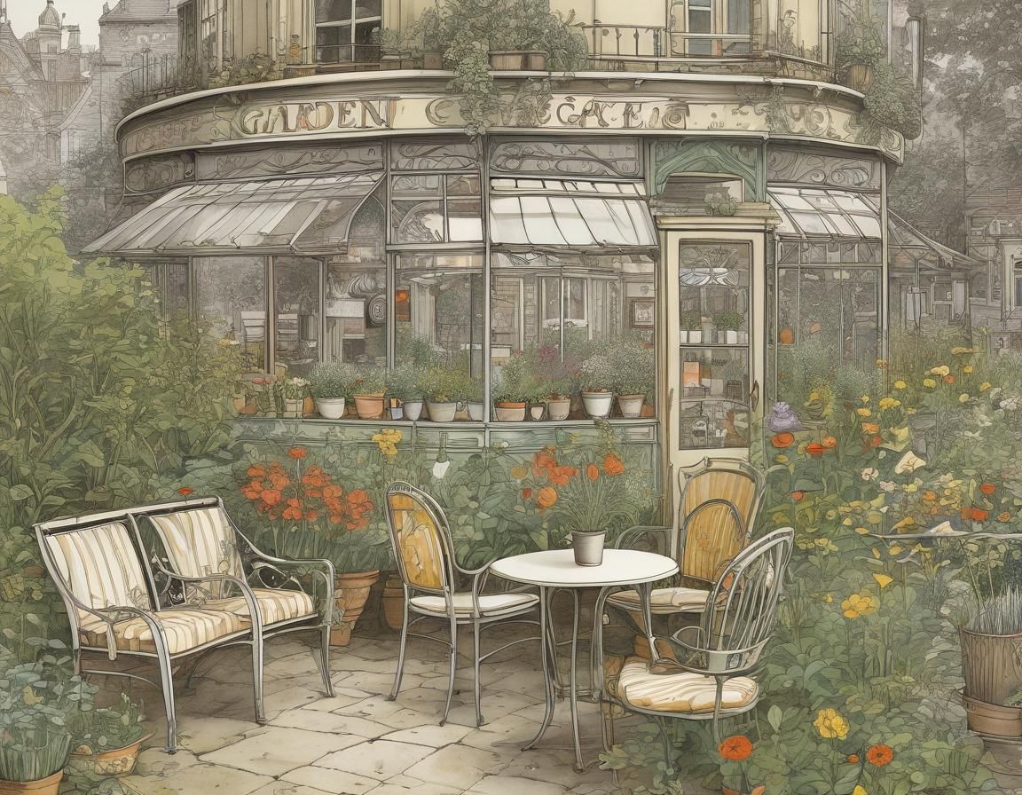 Vibrant Garden Café in Sketchy Doodle Art