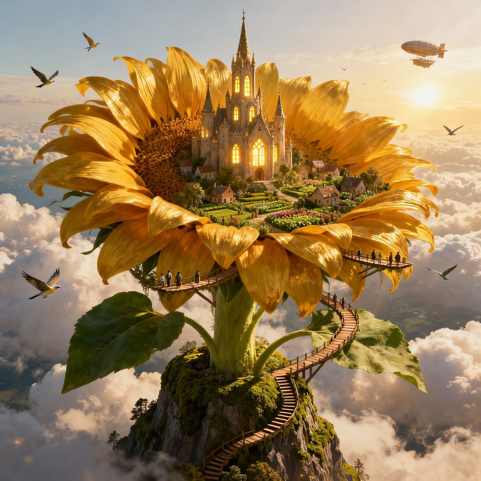 Giant Sunflower Castle Above Clouds in Fantasy Realism