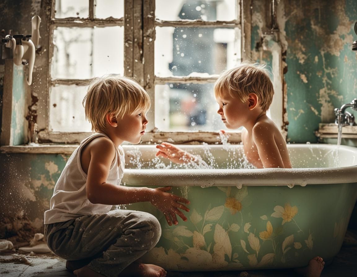 Vintage Photo of Children Bathing in Shabby Apartment