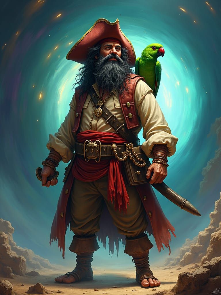 Pirate with Parrot in Ornate Digital Art Style