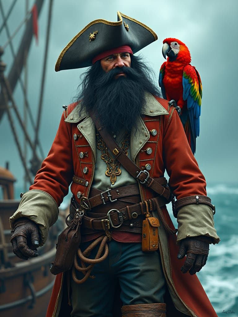 Pirate with Parrot in Fantasy Seascape