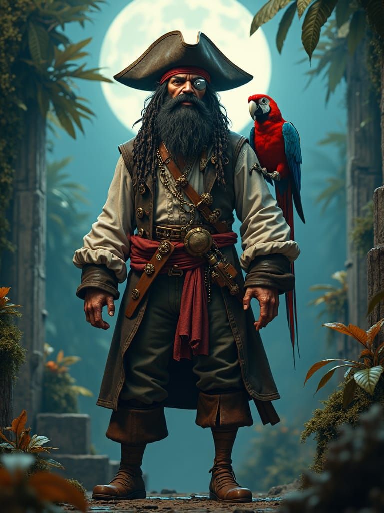 Pirate with Black Beard in Misty Jungle