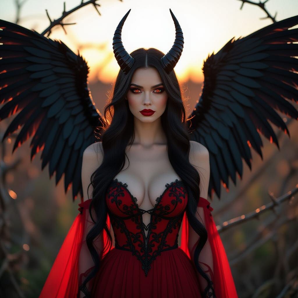 Dark Goddess with Wings and Thorns in Fantasy Style