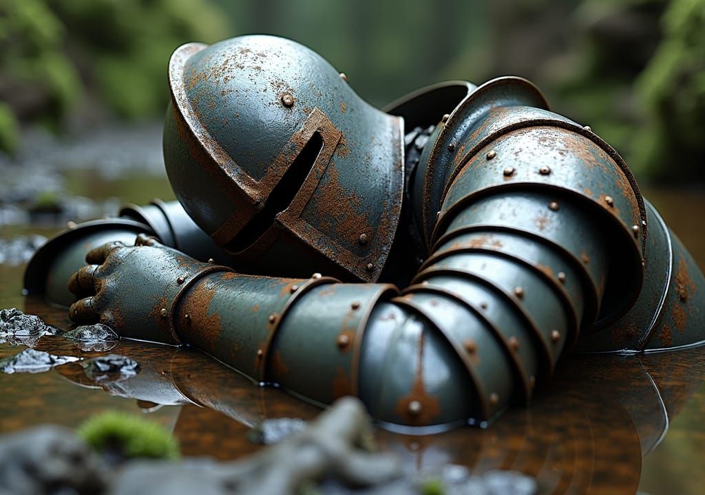 Defeated Knight in Murky Water, Hyperrealistic Style