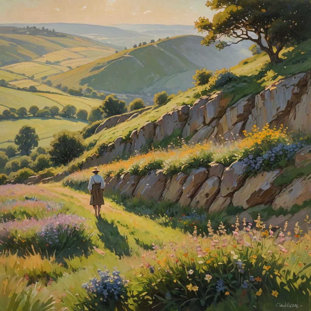 Impressionist Landscape with Figure and Wildflowers