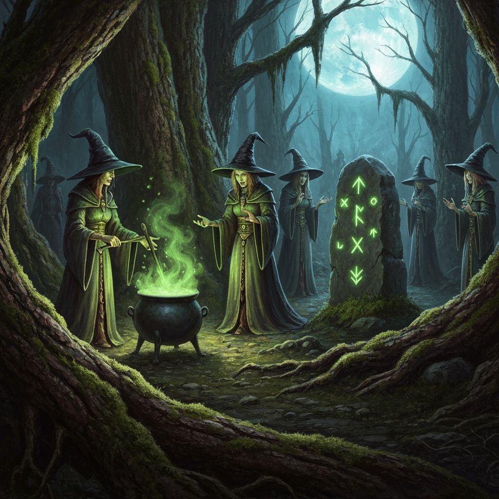 Witches Coven in Moonlit Ancient Forest