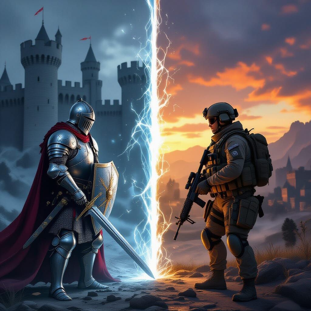 Medieval Knight Meets Modern Soldier in Split Screen