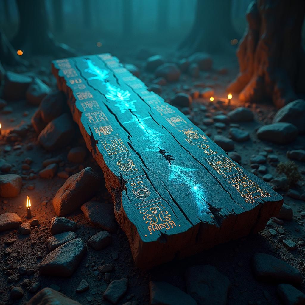Mystical Oak Beam with Neon Alien Glyphs