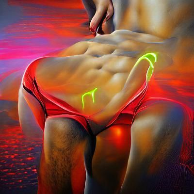 Hyperrealistic Neon Painting of Man in Red Thong