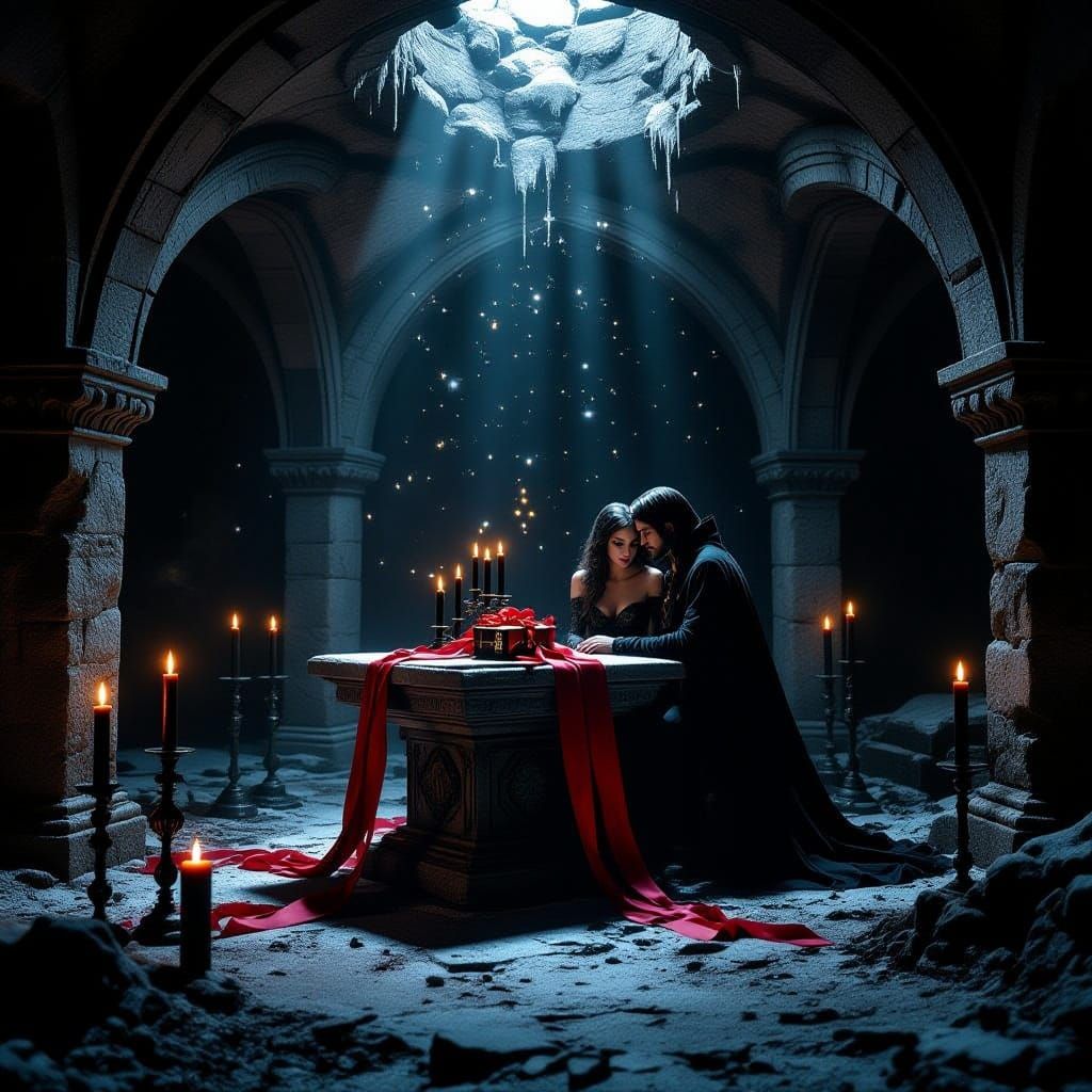 Gothic Crypt Scene with Ethereal Lovers and Altar