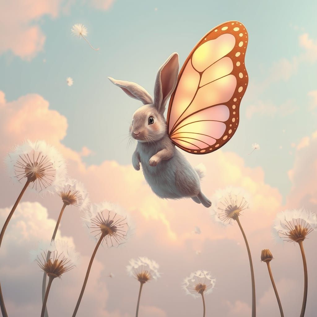 Whimsical Rabbit With Butterfly Wings in Pastel Sky
