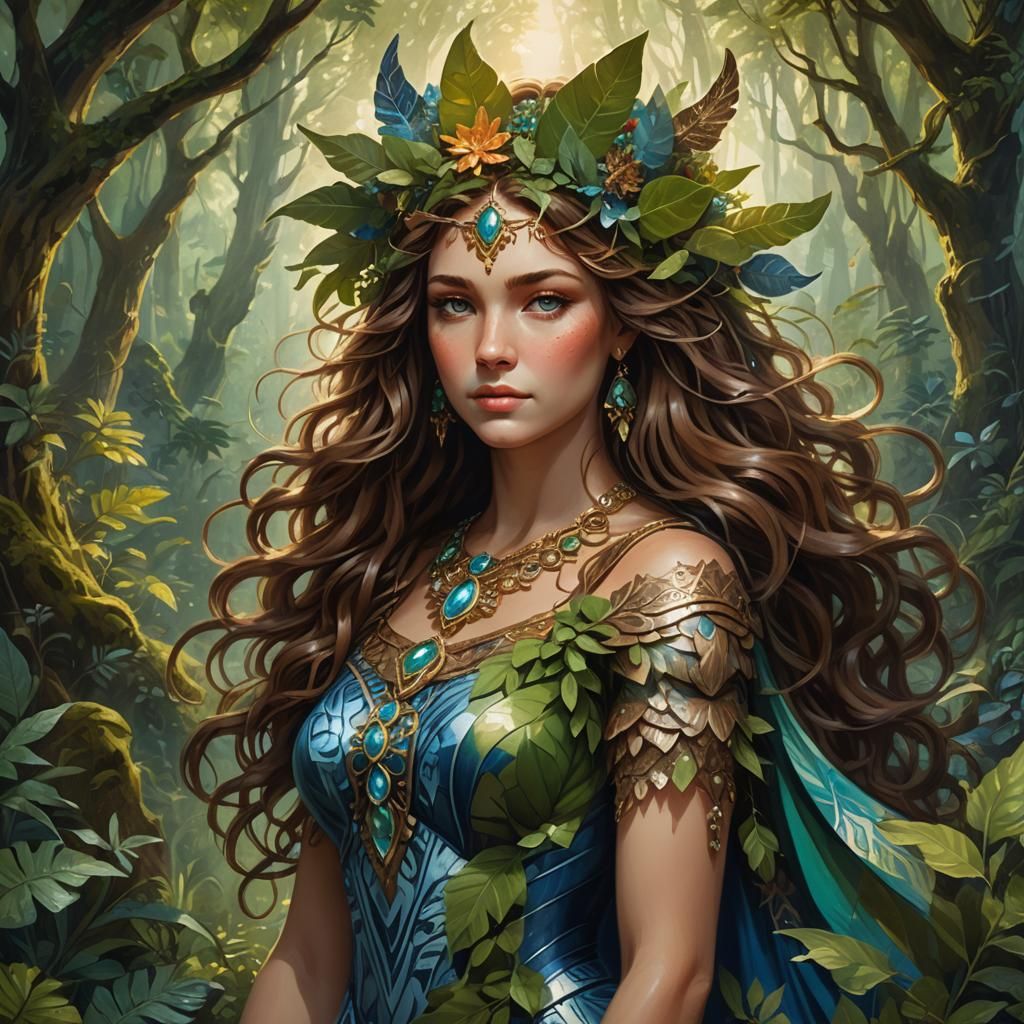 Goddess of Animals in Lush Forest: Fantasy Art
