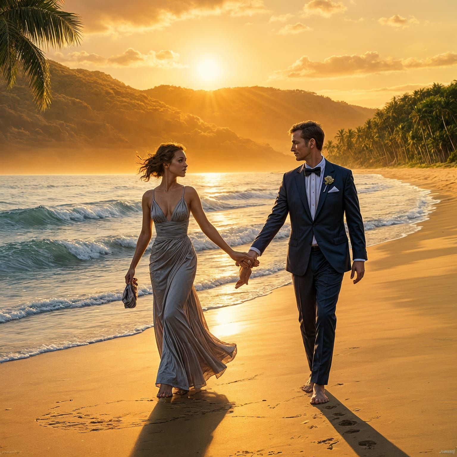 Romantic Tropical Beachwalk in Dawn's Golden Light Oil Paint...