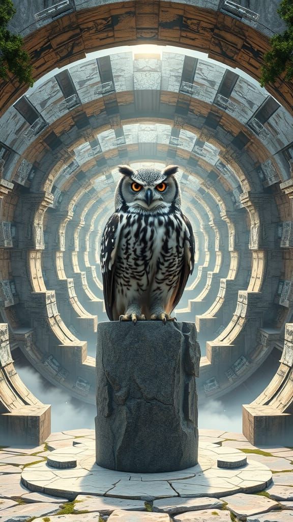 Majestic Owl in Recursive, Hyper-Realistic Archway