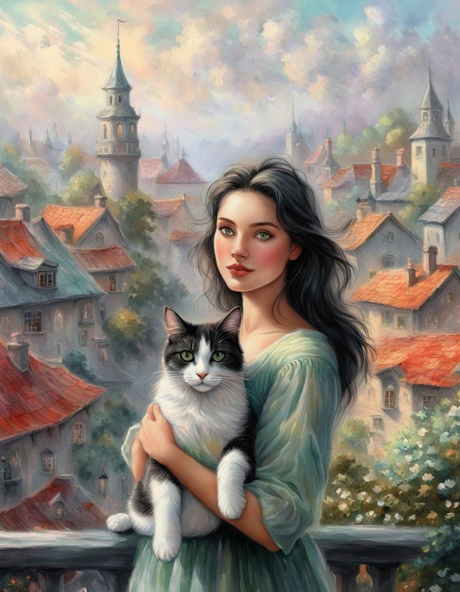 Girl Hugs Cat Amidst Fairy-Tale Roofs in Grattage Style