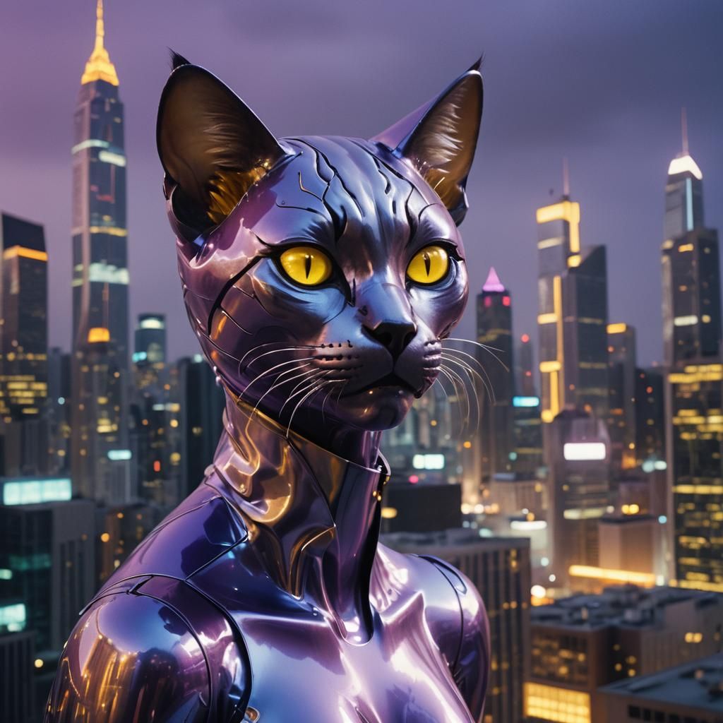 Ethereal Cat Figure in Futuristic Film Noir