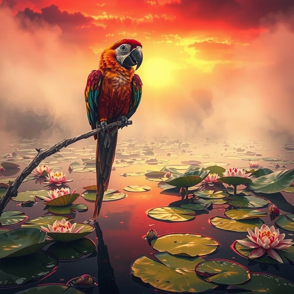 Vibrant Macaw Plumage Perched on Branch in Serene Water Scen...