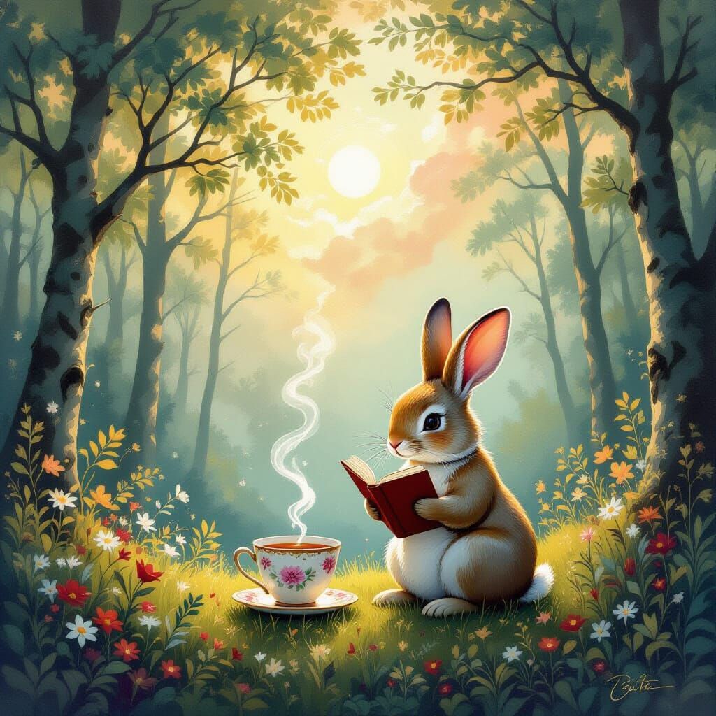 Surreal Forest Scene With Whimsical Rabbit Reading