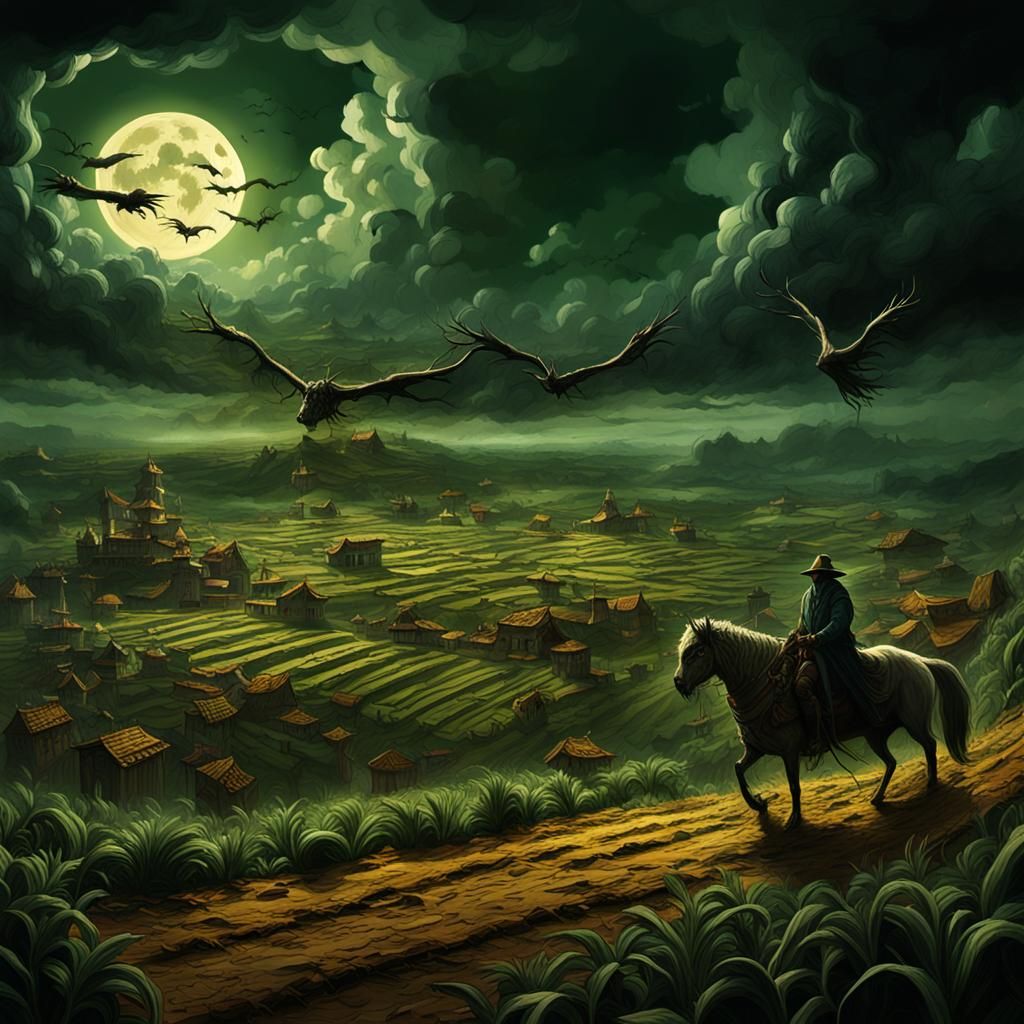 Macabre Scarecrow in Field, Dark Fantasy Style