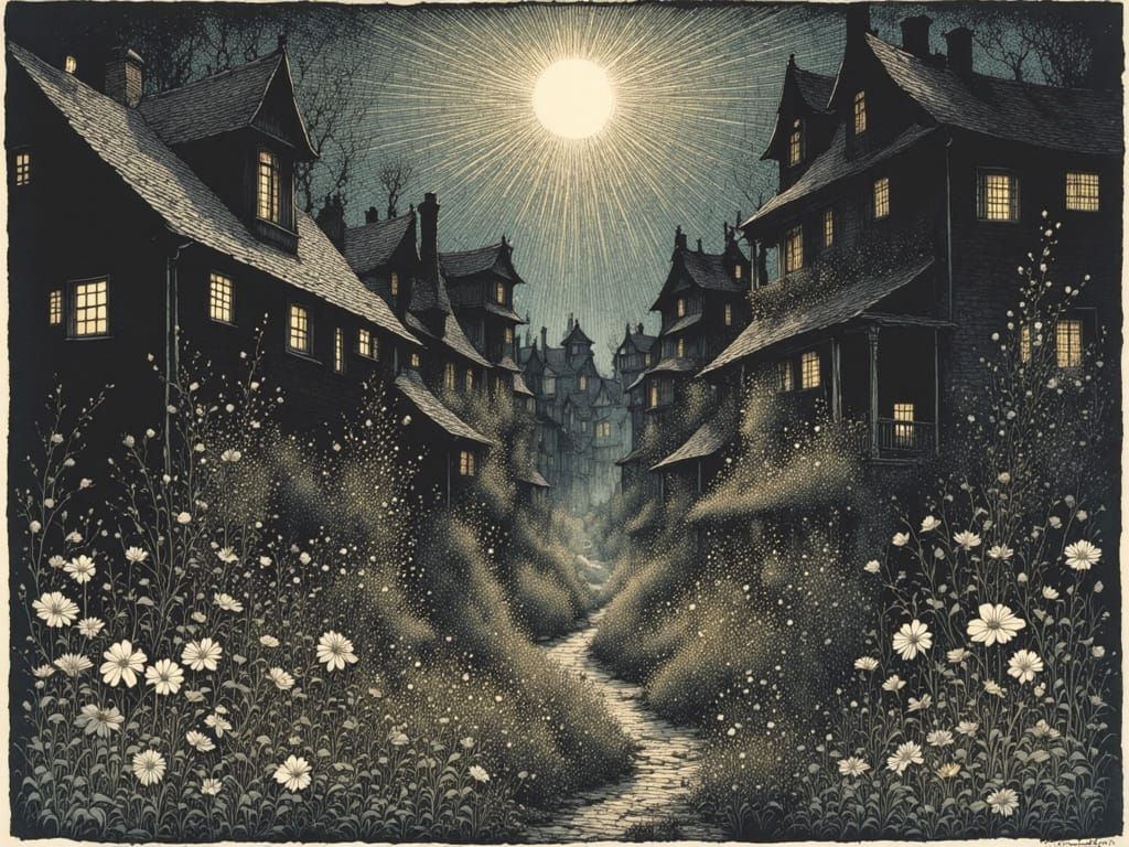 Sunlit Garden Linocut Print in Dark Backyard