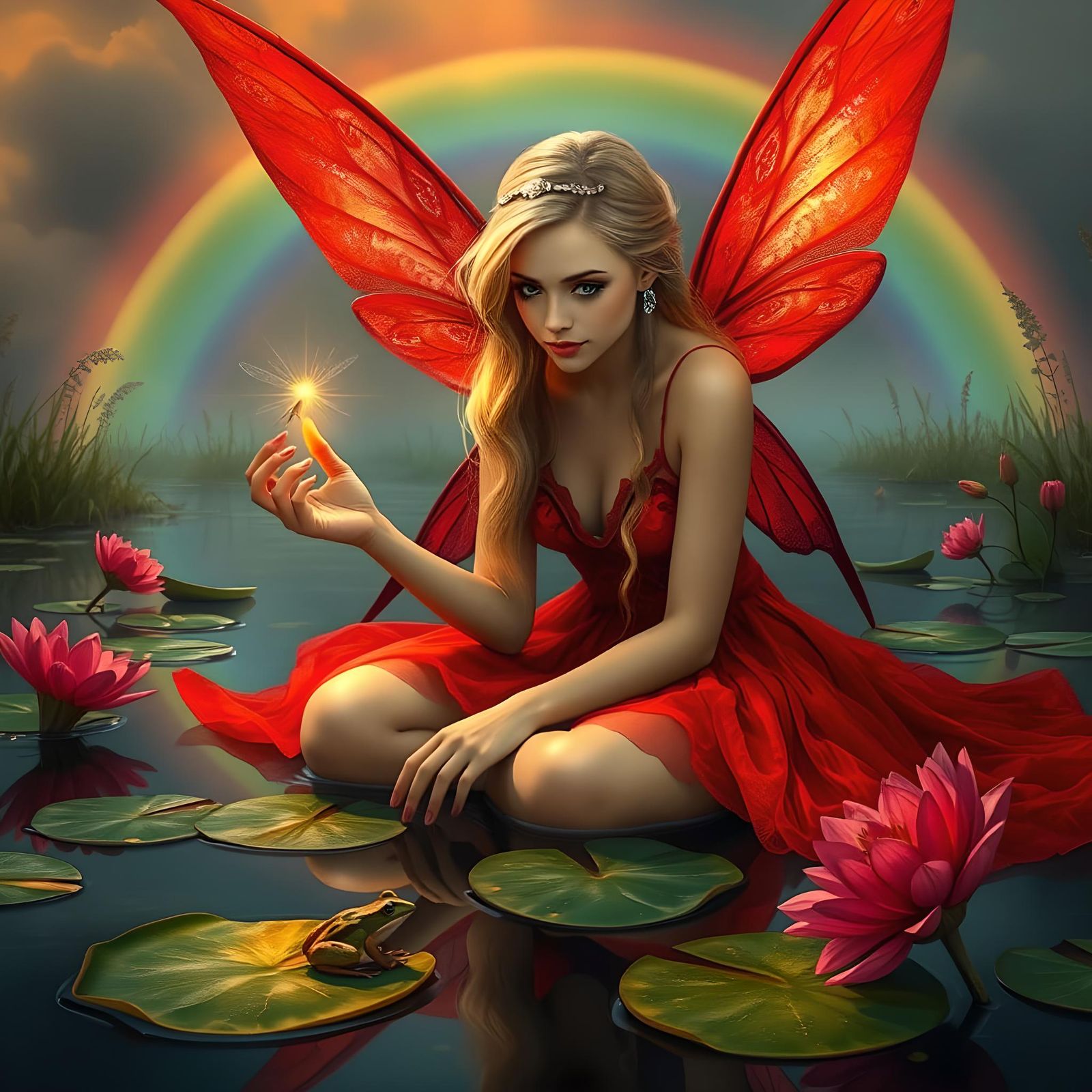 A beautiful masterpiece of a gorgeous fairy with red wings, ...