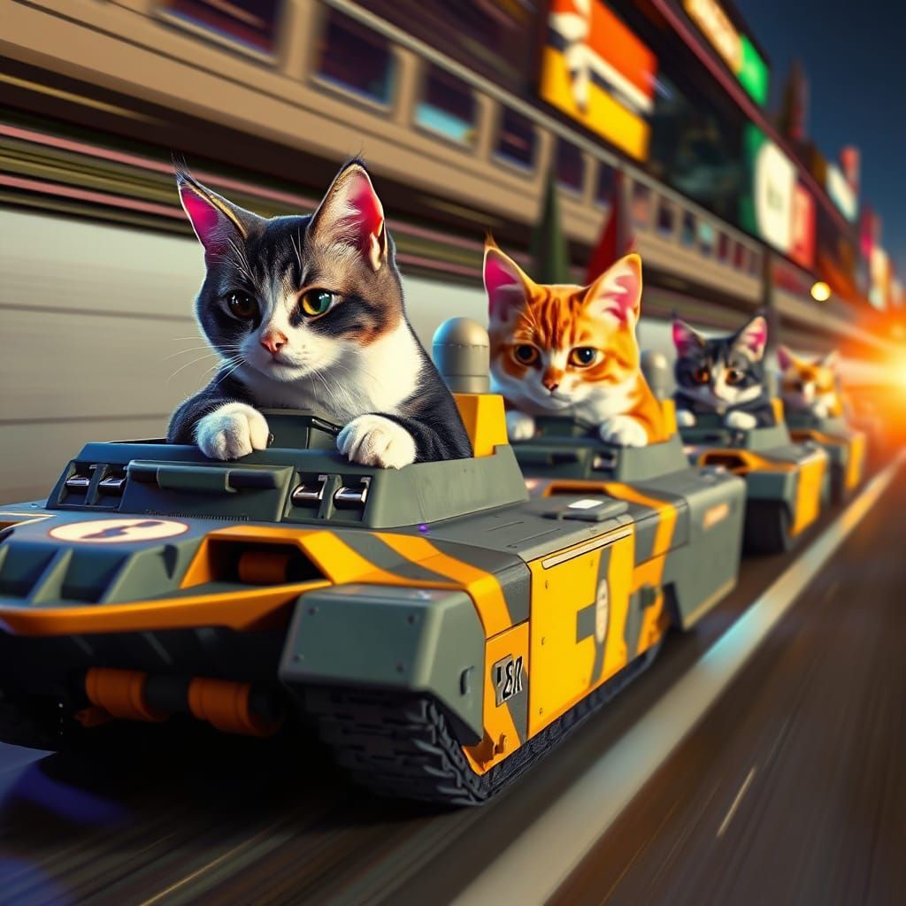 Futuristic Felines Speed Through High-Tech Battle Tanks