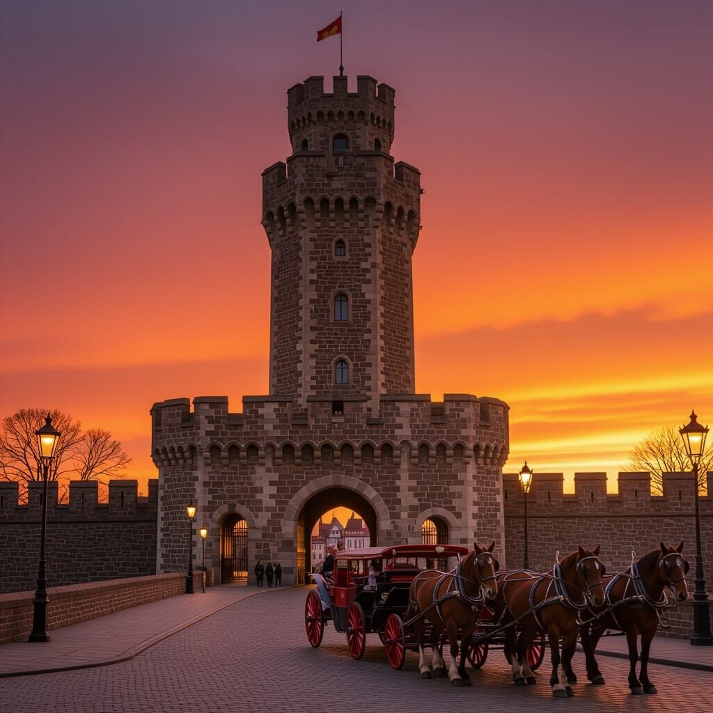 Castle Gate Guarded by Tower Under Fiery Sky with Carriages