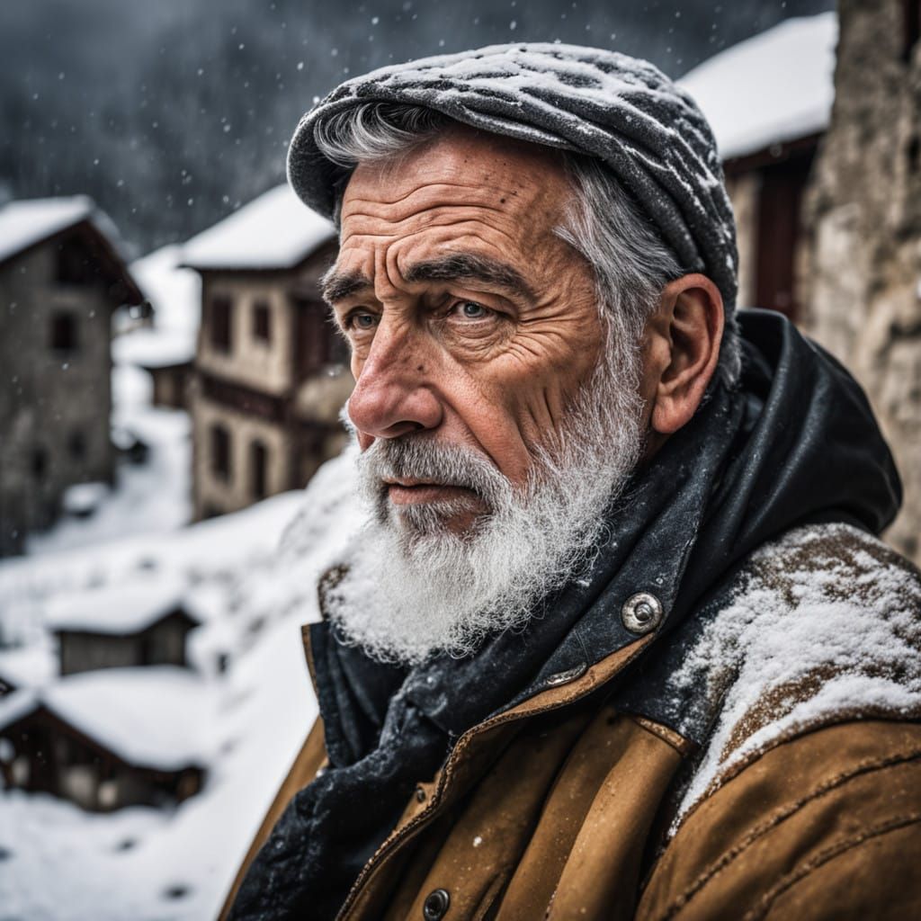 Italian Geologist Lost in Thought Amidst Snowy Village
