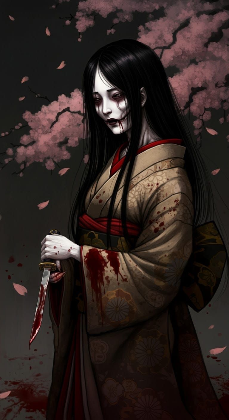 Solemn Yokai Maiden in Muted Ukiyo-e Woodblock Print Style