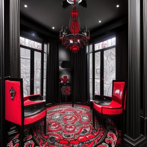 Hecate Black obsidian penthouse with crimson red frames& Silver accents& obsidian black Crystal chandelier& gothic black...