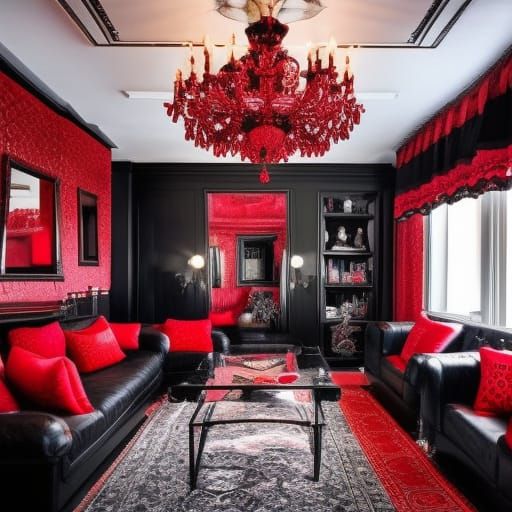 Hecate Black obsidian penthouse with crimson red frames& Silver accents& obsidian black Crystal chandelier& gothic black...