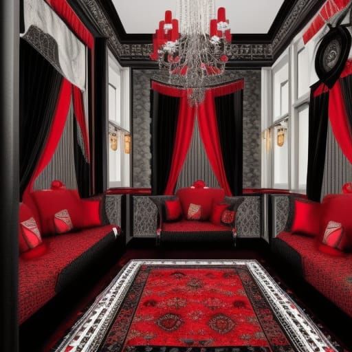 Hecate Black obsidian penthouse with crimson red frames& Silver accents& obsidian black Crystal chandelier& gothic black...