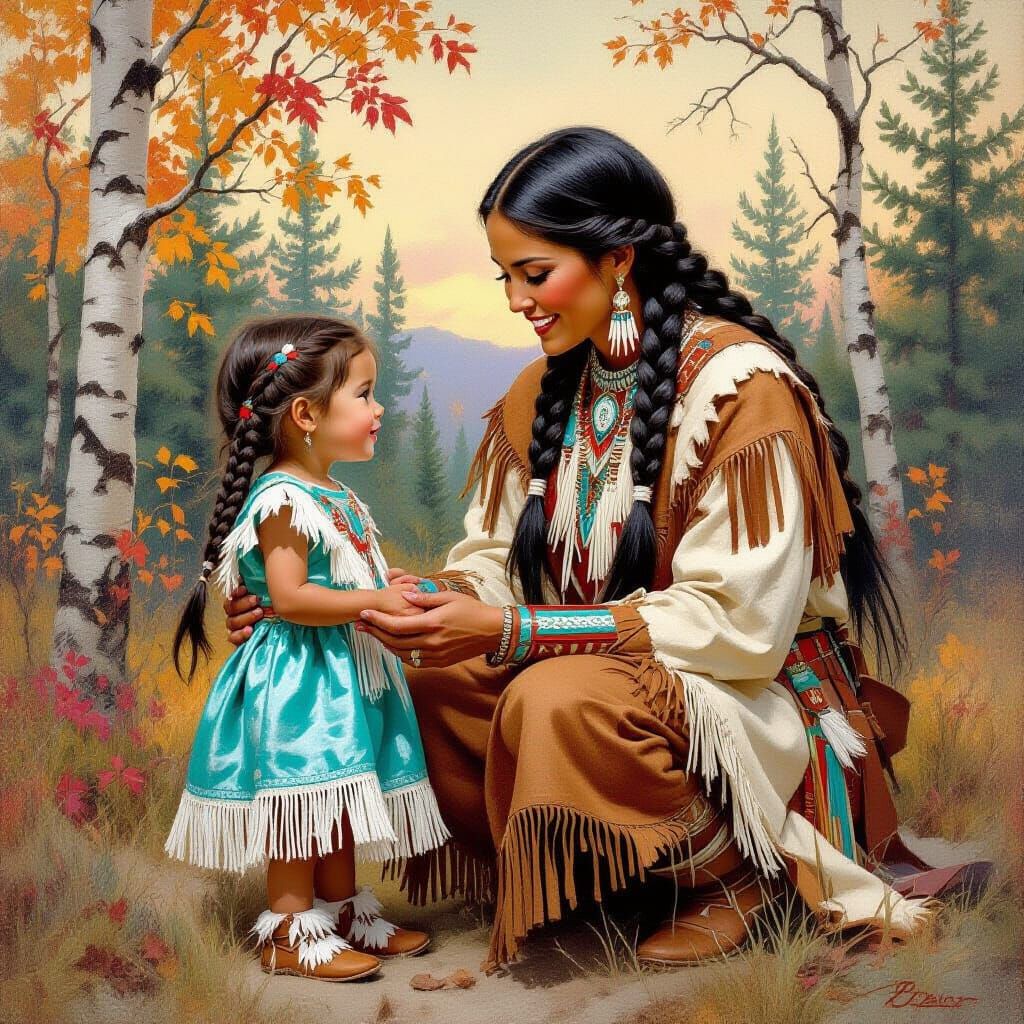 Native Woman and Daughter in Autumn Landscape