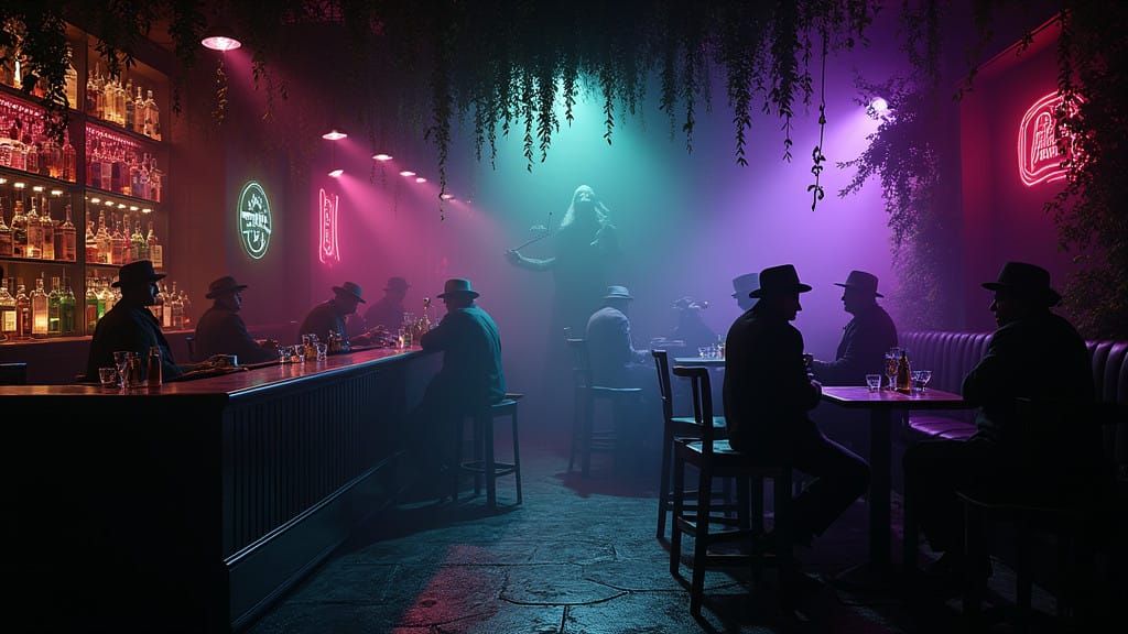 Mysterious Jazz Speakeasy in Louisiana, Surrounded by Green...