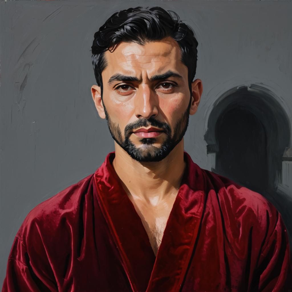 Worried Man in Velvet Robe: Impasto Oil Painting