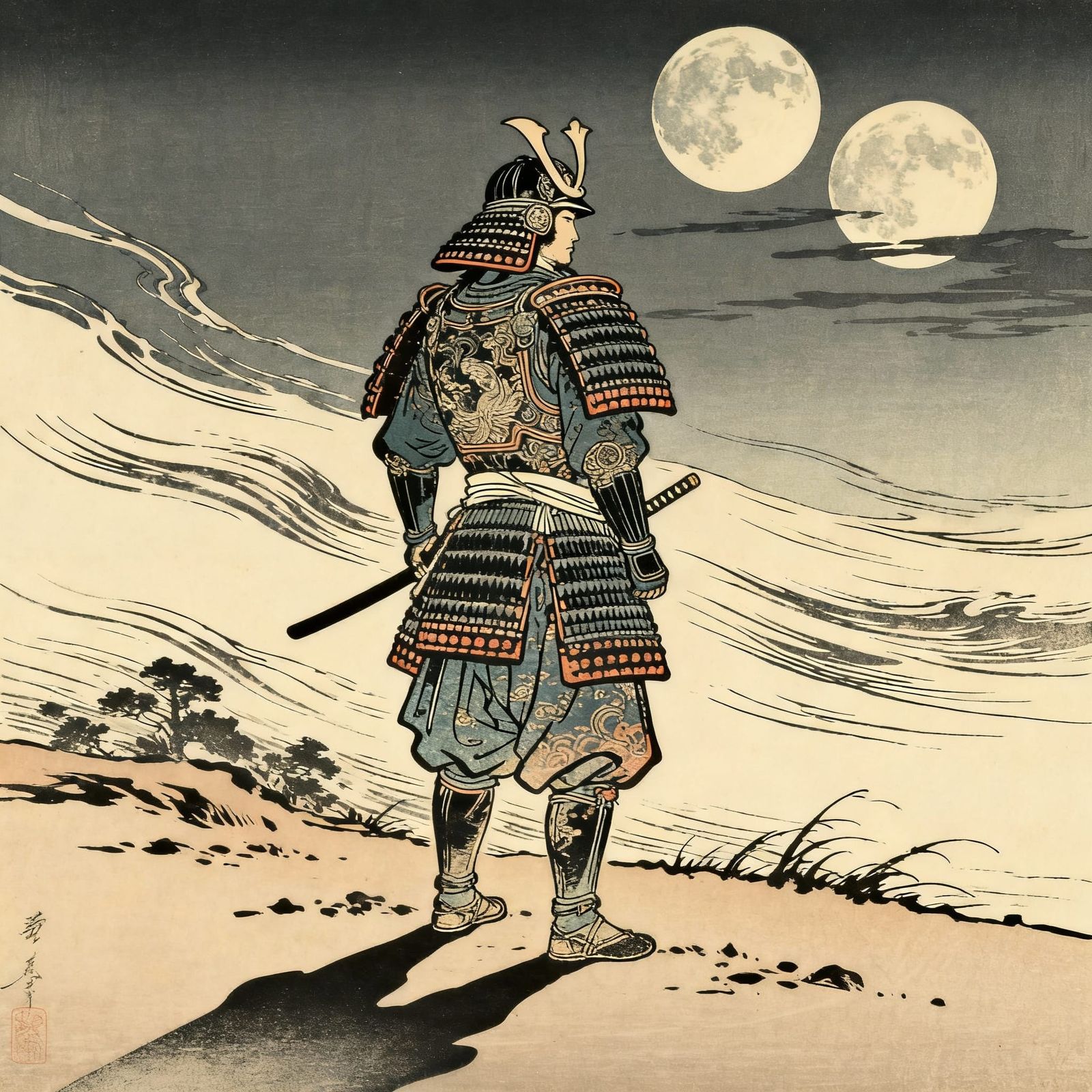 Samurai Warrior Under Twin Moons in Ukiyo-e Style