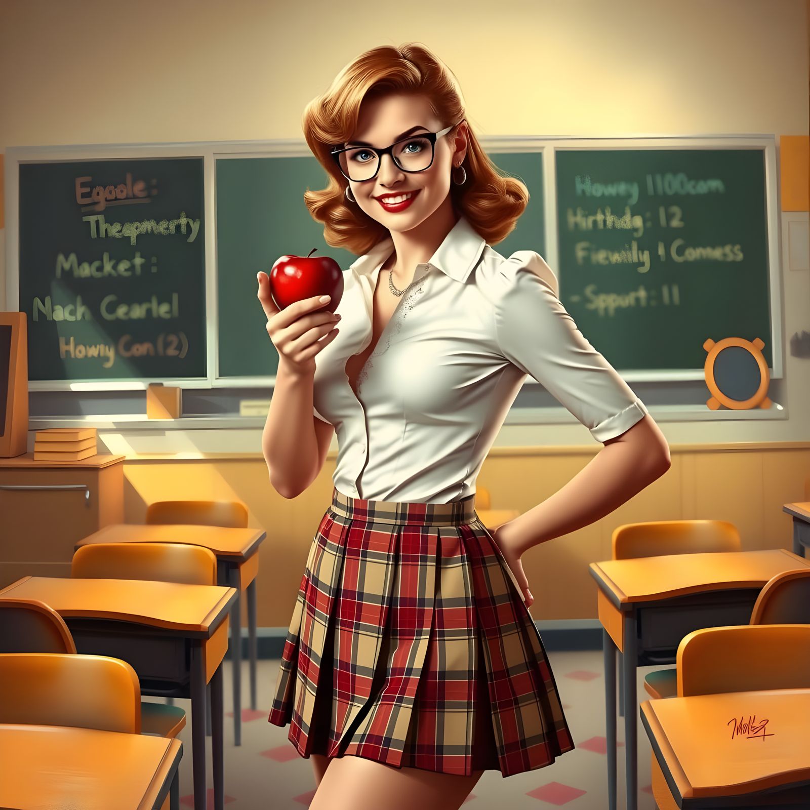 1950s Pin-Up Teacher in Plaid Pleated Miniskirt