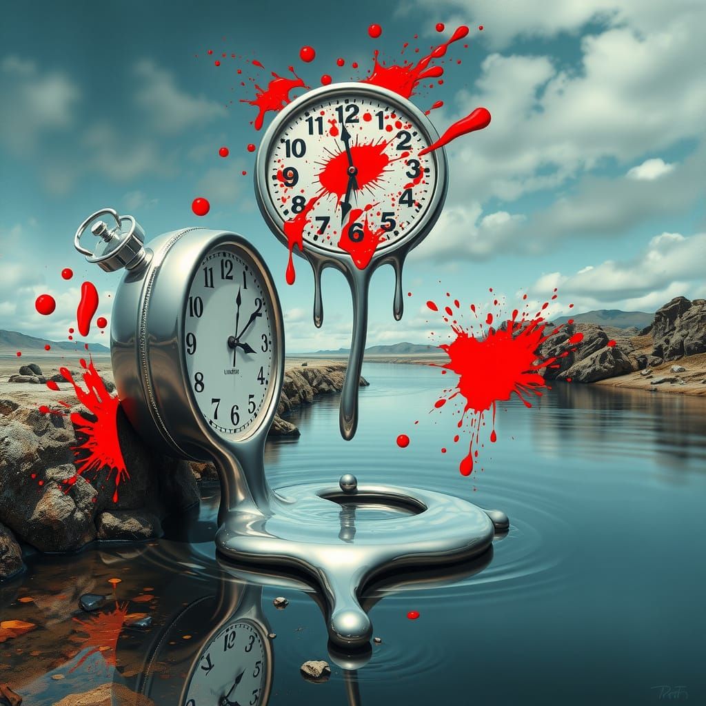 Surreal Chrome Clocks Melt by River