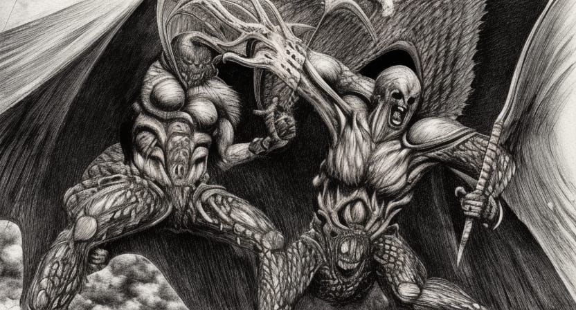 Epic Battle at Heaven's Gate in Dark Fantasy Style