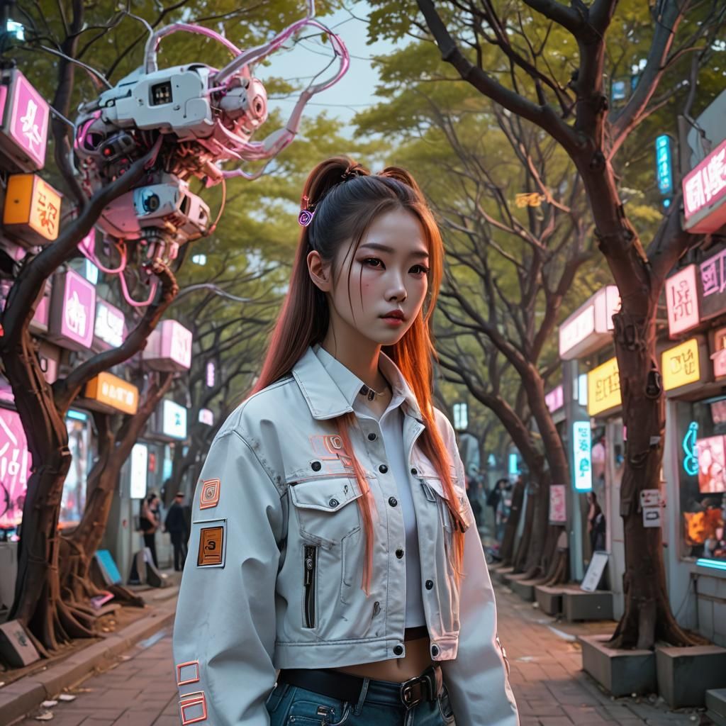 Cyberpunk Korean Robot Woman on Beach