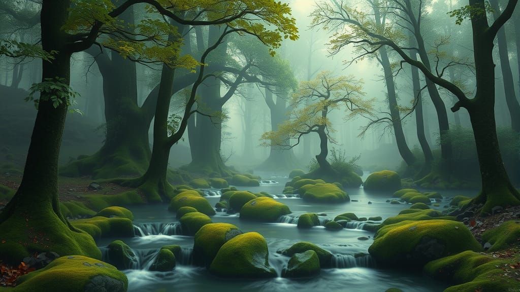 Misty Oak Forest with Cascading Stream