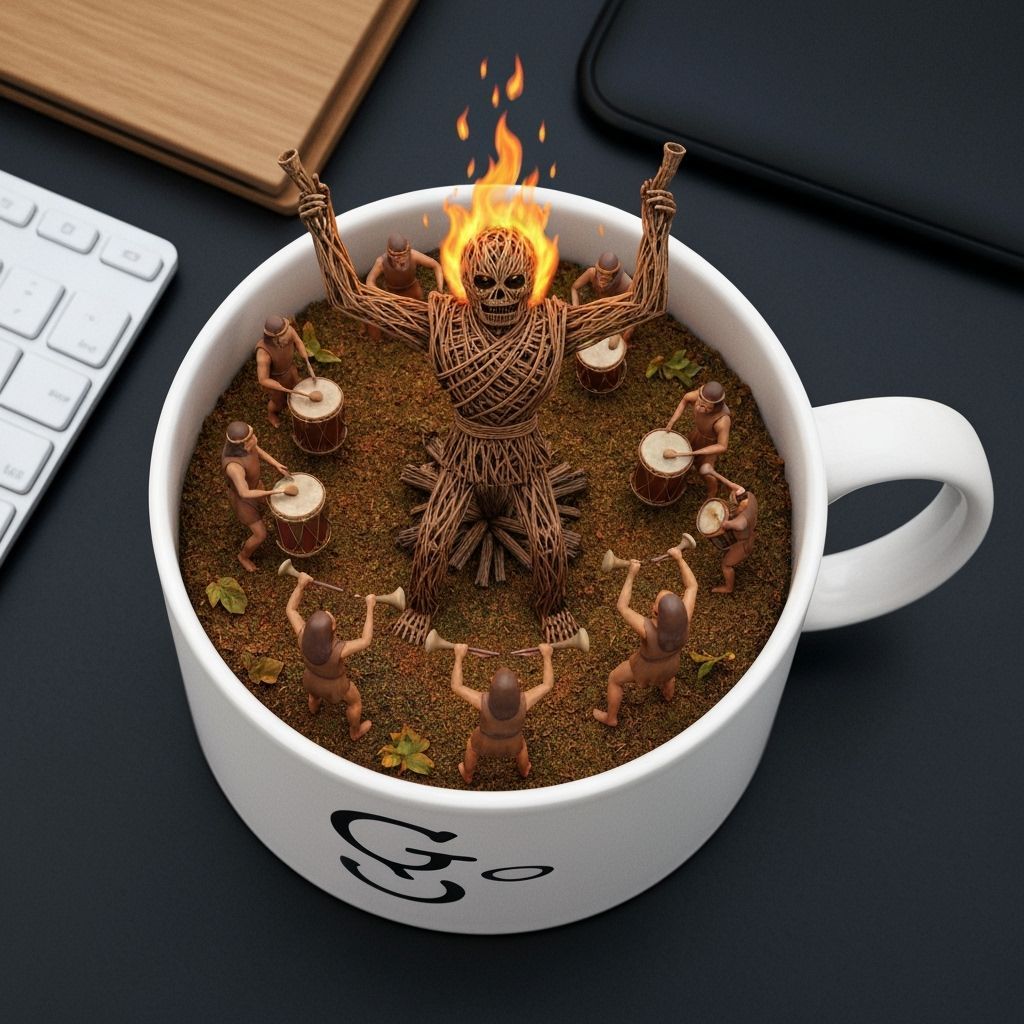 Autumn Wicker Man Effigy Burning Inside Mug on Desk