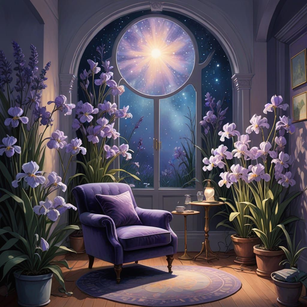 Dreamy Reading Nook with Glowing Irises and Cosmic Shimmers