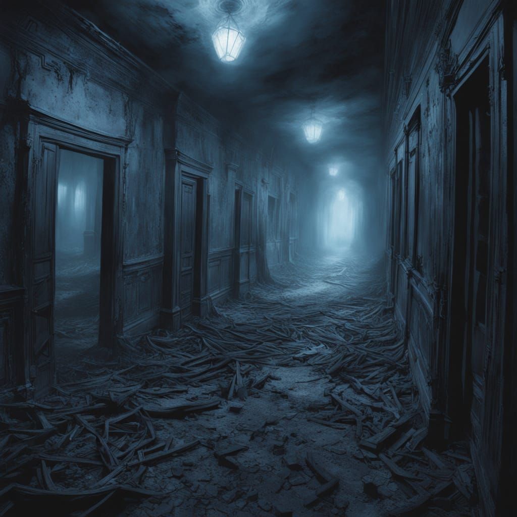 Surreal Abandoned Hallway with Ghostly Entity