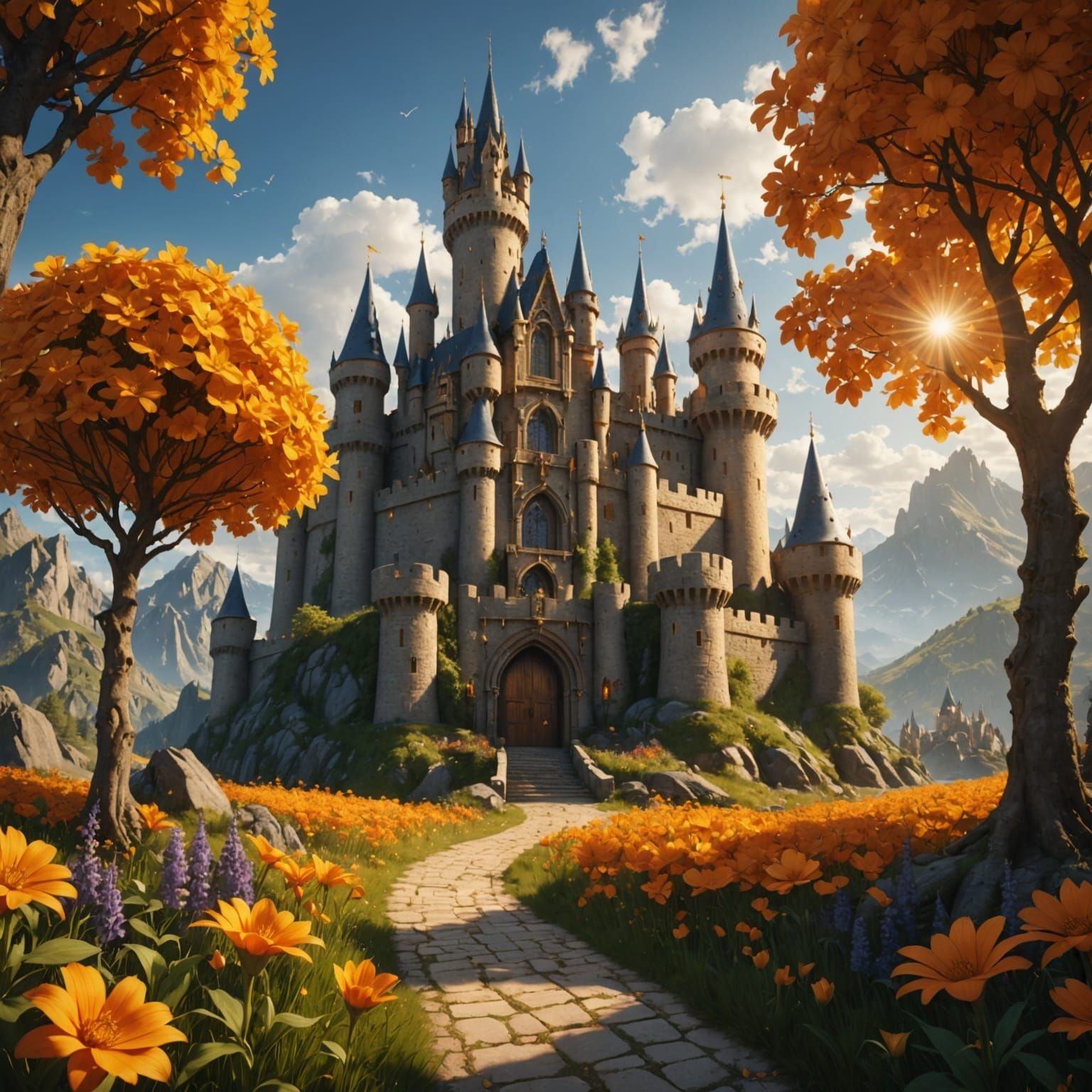 Golden Castle Path in Vibrant Fantasy Land